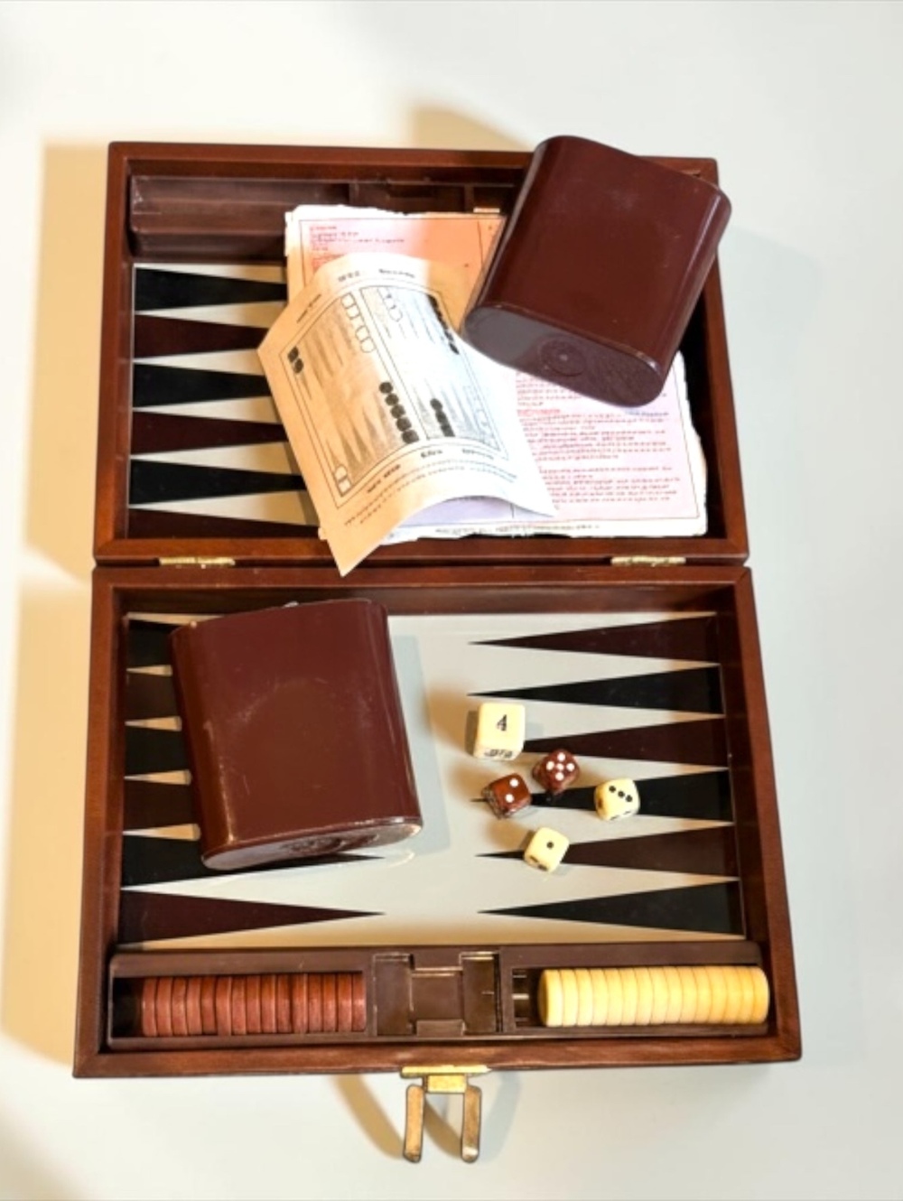 Vintage Backgammon Travel Set with Brown and Cream Game Pieces in a Leather Case